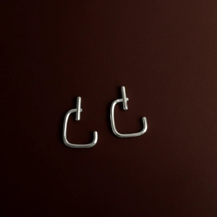 Pair of silver earrings on a dark brown background
