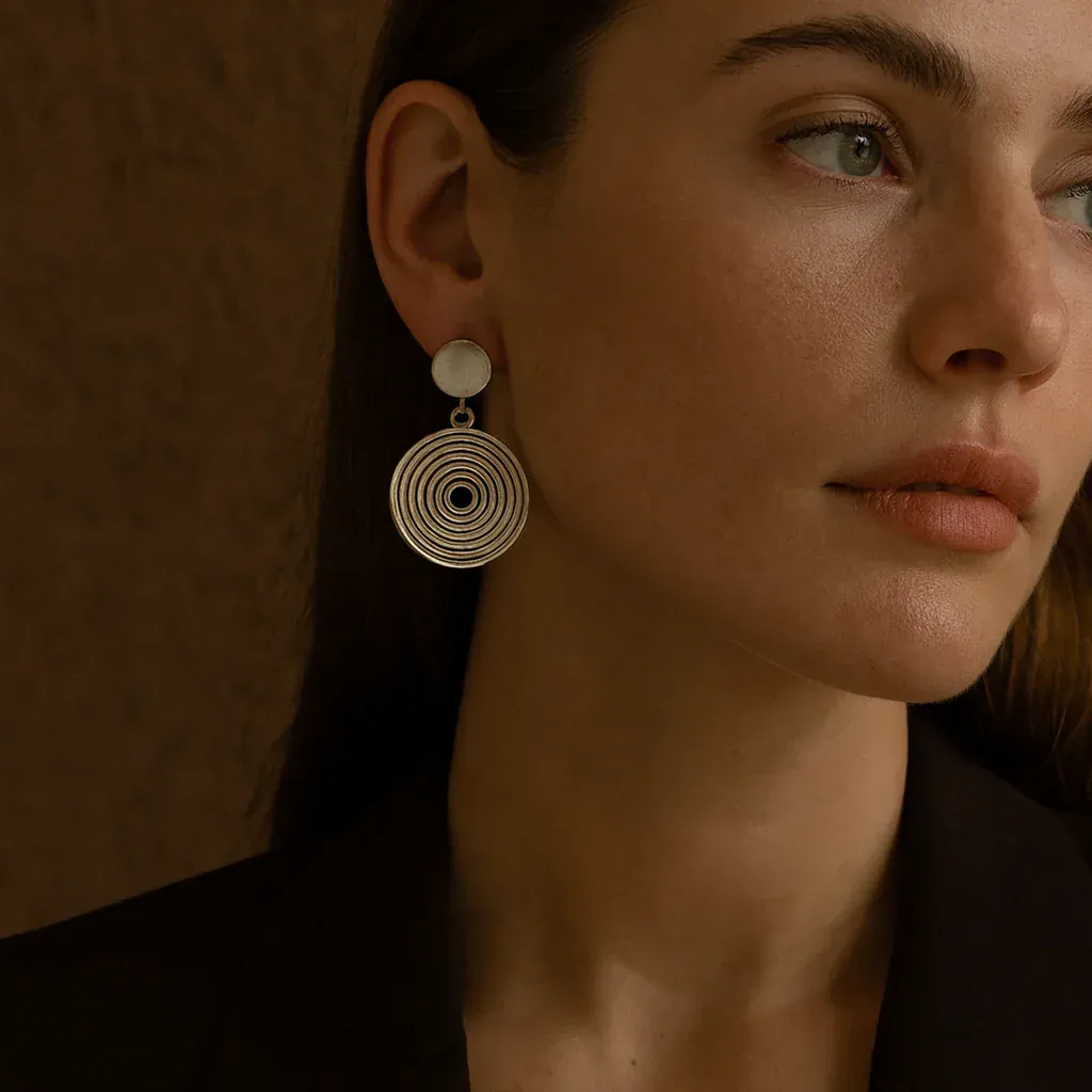 Close-up of a woman wearing a unique earring against a warm brown background