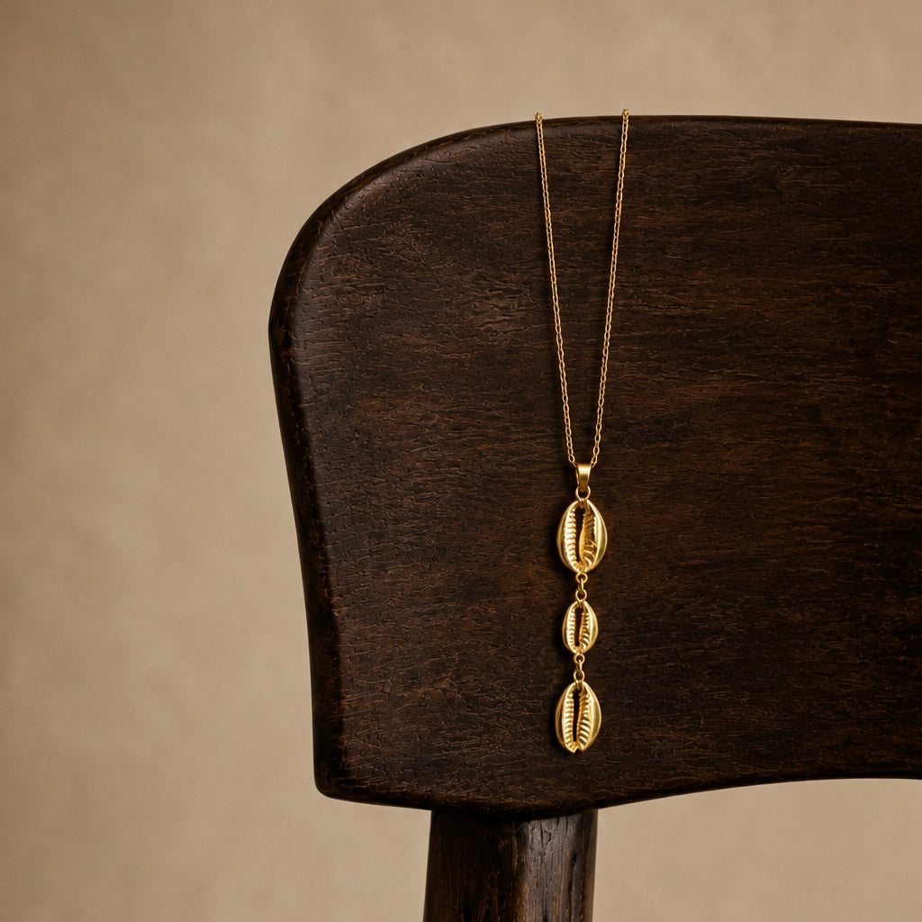 A gold necklace with three vertically stacked cowrie shells hangs from the back of a dark wooden chair against a warm beige background.