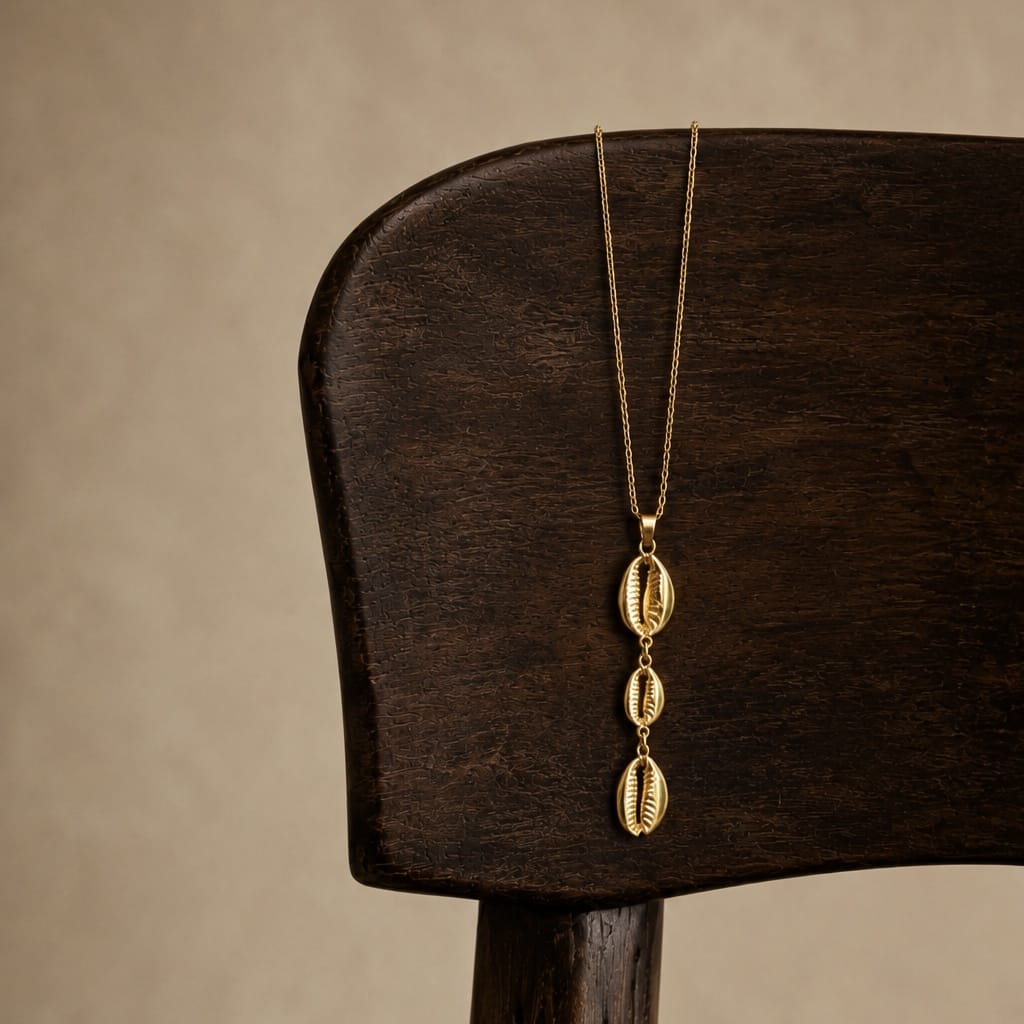 A gold necklace with three vertically stacked cowrie shells hangs from the back of a dark wooden chair against a warm beige background.