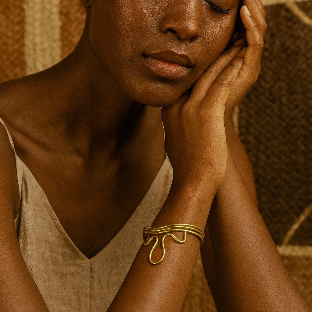 Woman with eyes closed, hand on face, wearing a gold bracelet against a textured brown background
