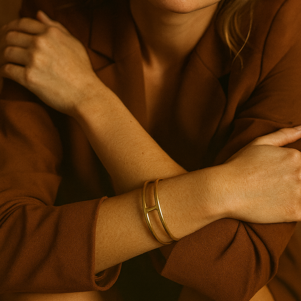 Woman wearing a brown outfit with gold bracelets against a warm-toned background