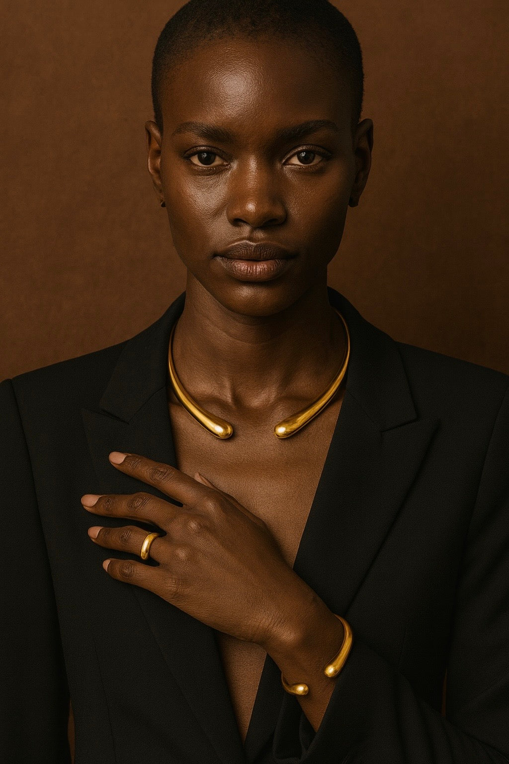 Woman wearing a black blazer and gold jewelry against a brown background