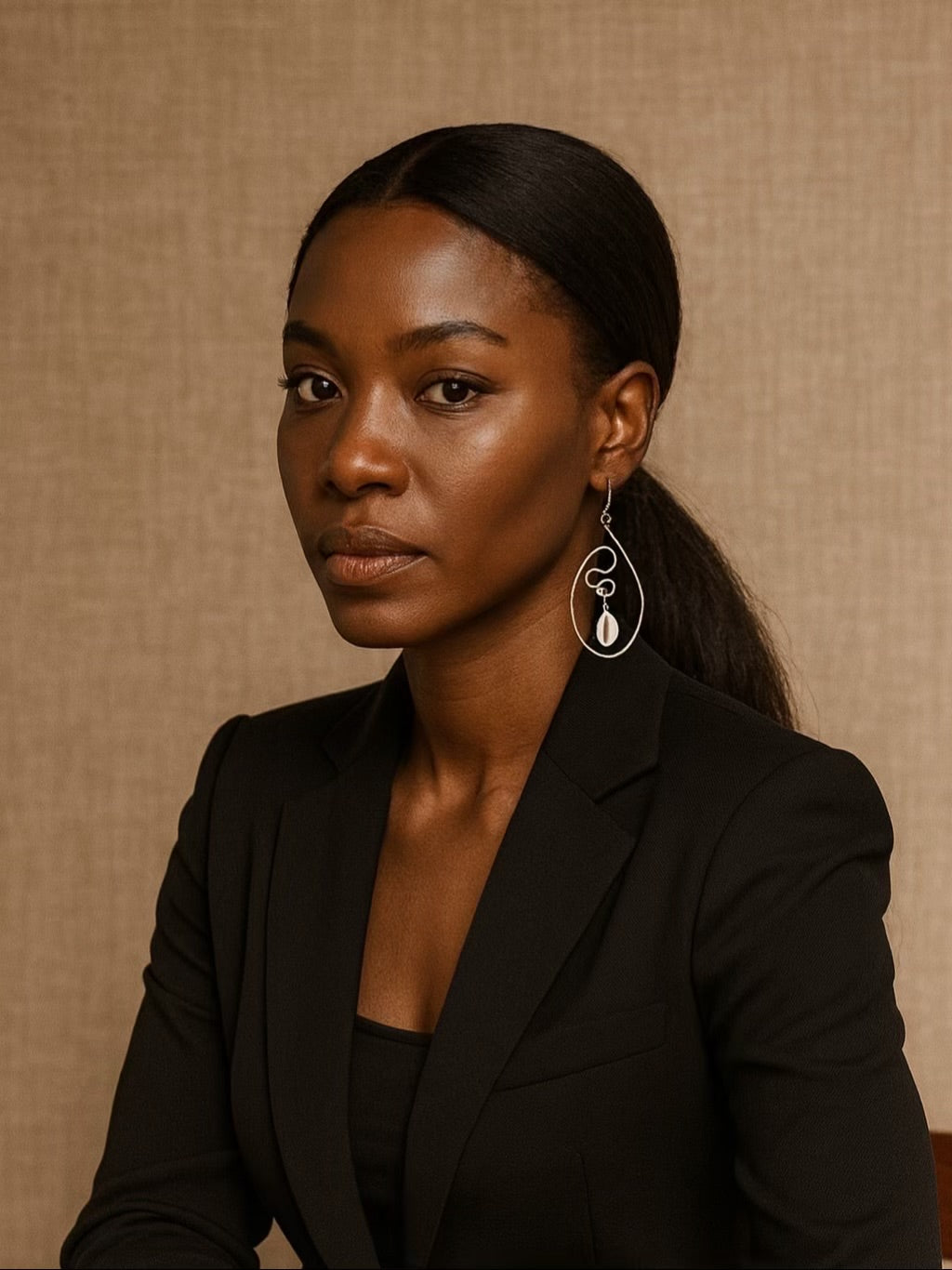 Woman wearing a black blazer against a beige background
