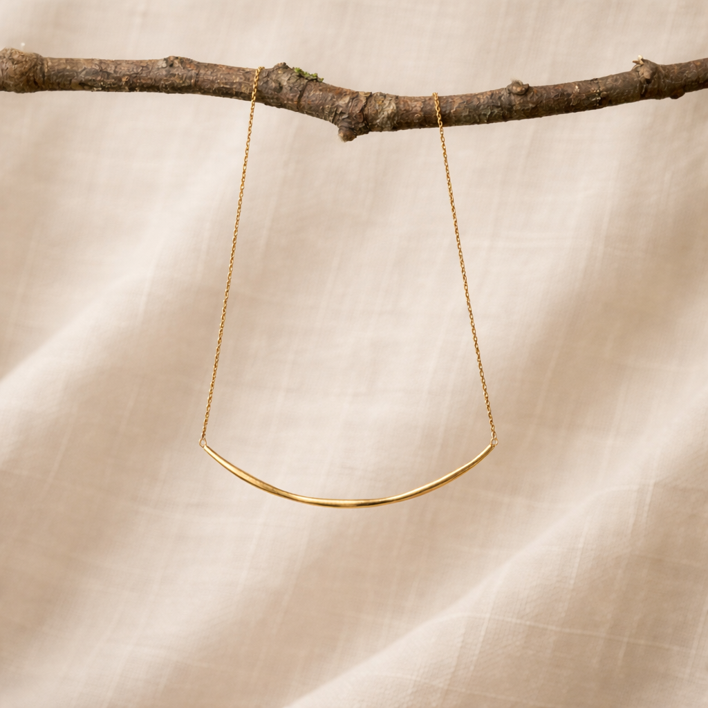 Gold necklace hanging from a branch on a beige background