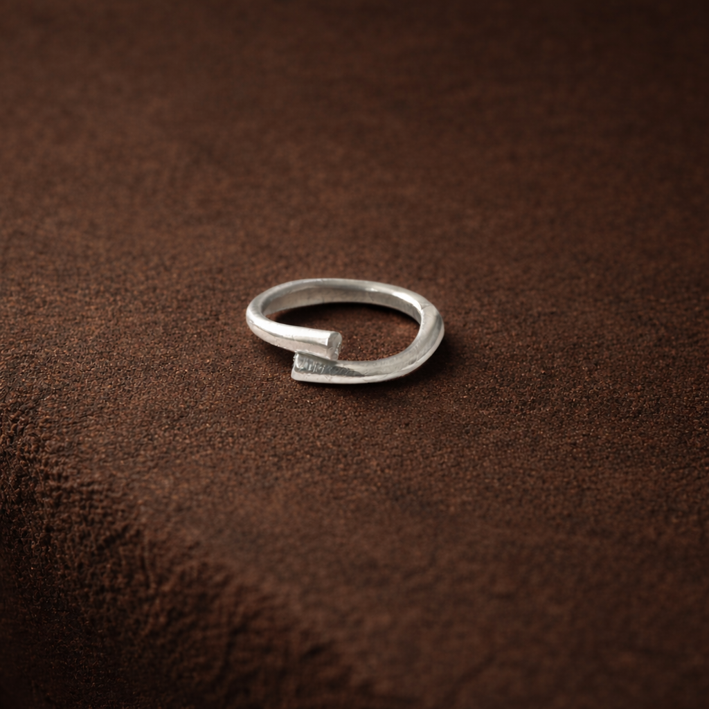 Silver ring on a brown textured surface