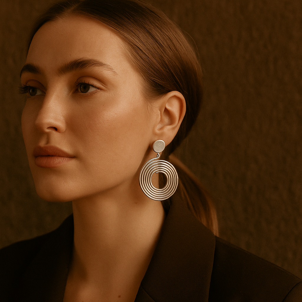 Woman wearing large hoop earrings against a brown background