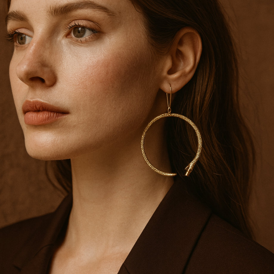 Woman wearing gold hoop earrings against a brown background