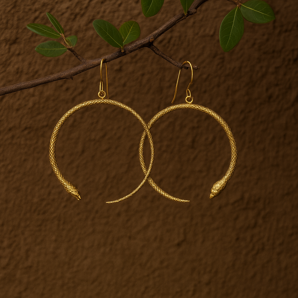 Gold hoop earrings with snake heads on a brown textured background