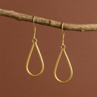 Gold teardrop earrings hanging from a branch against a brown background