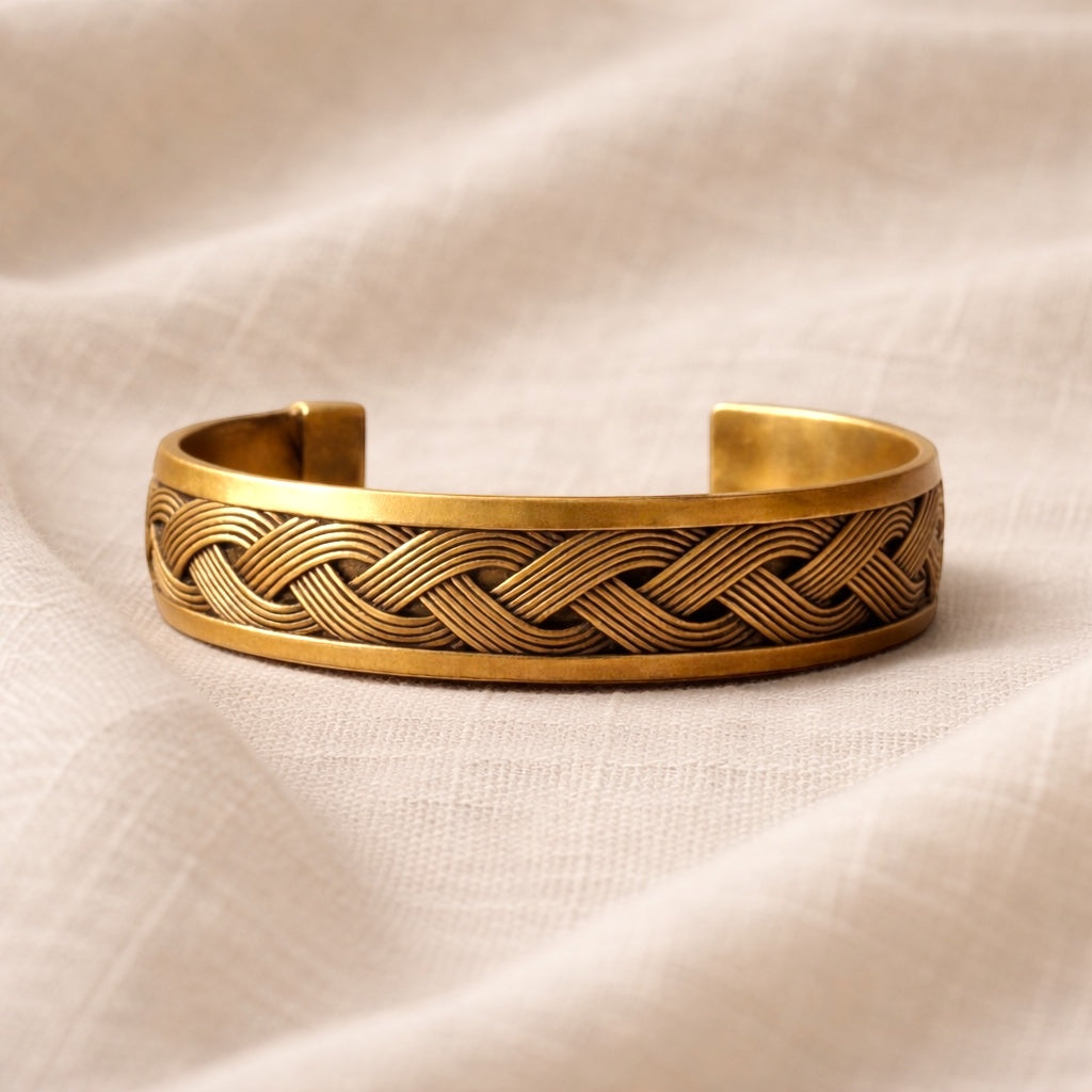 Gold bracelet with braided design on a beige fabric background
