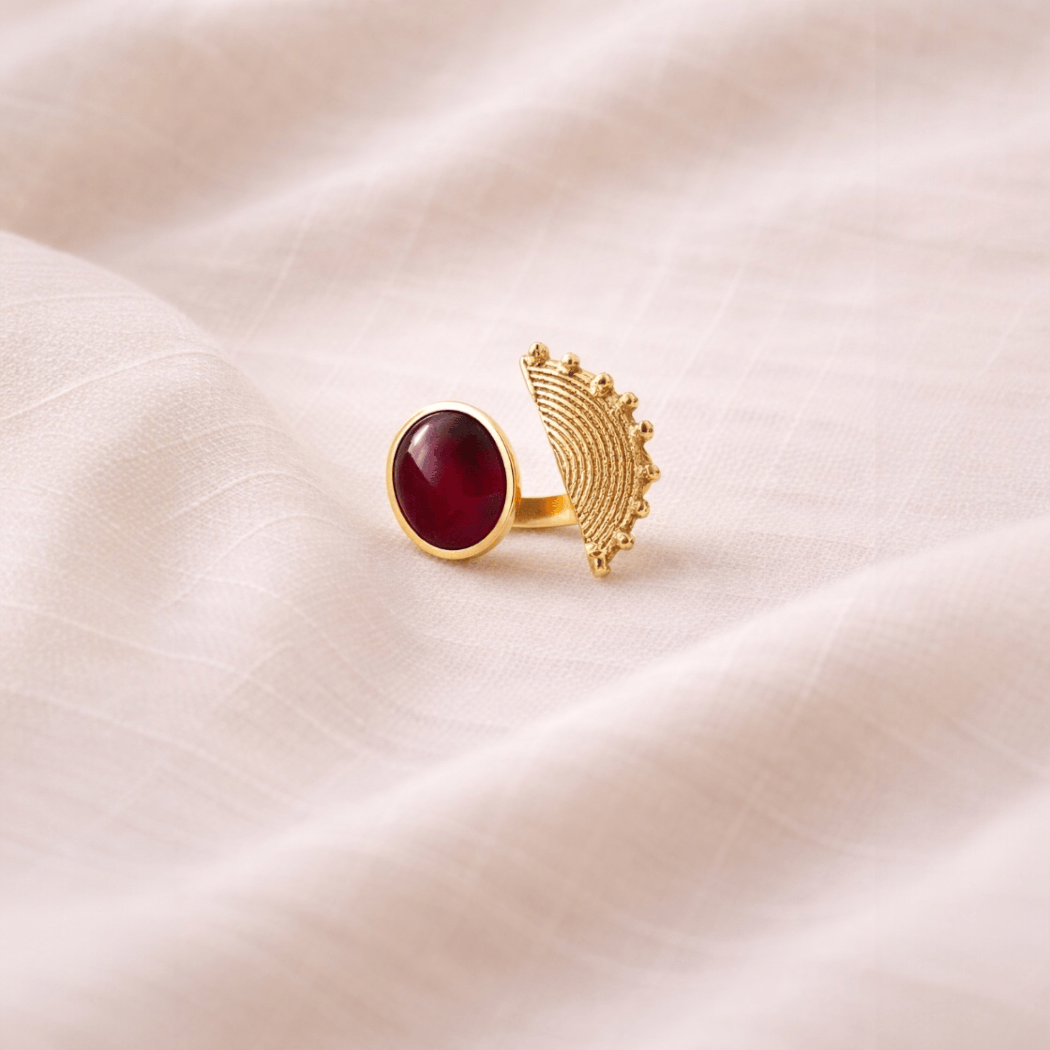 Gold-plated brass gemstone ring adjustable sculptural statement